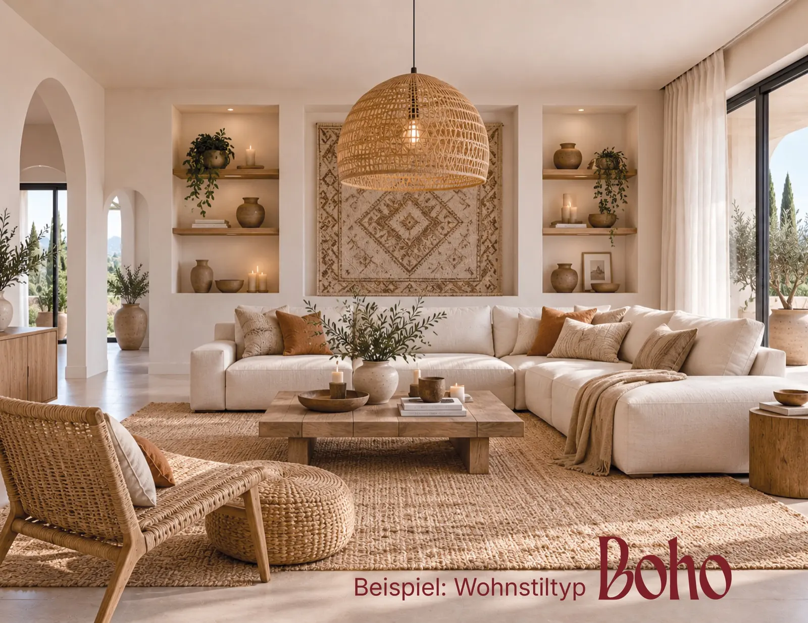 Beispiel Wohnstiltyp Boho: Wohnzimmer mit Ecksofa, Rattanleuchte und Jute-Teppich