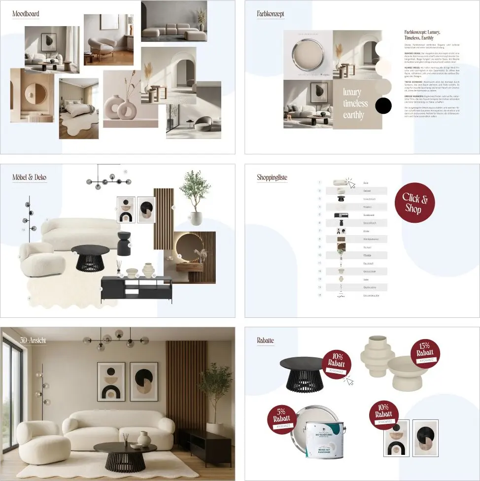 Leistungen Design Paket 1: Moodboard, Farbkonzept, 3D-Anmutung und Shoppingliste