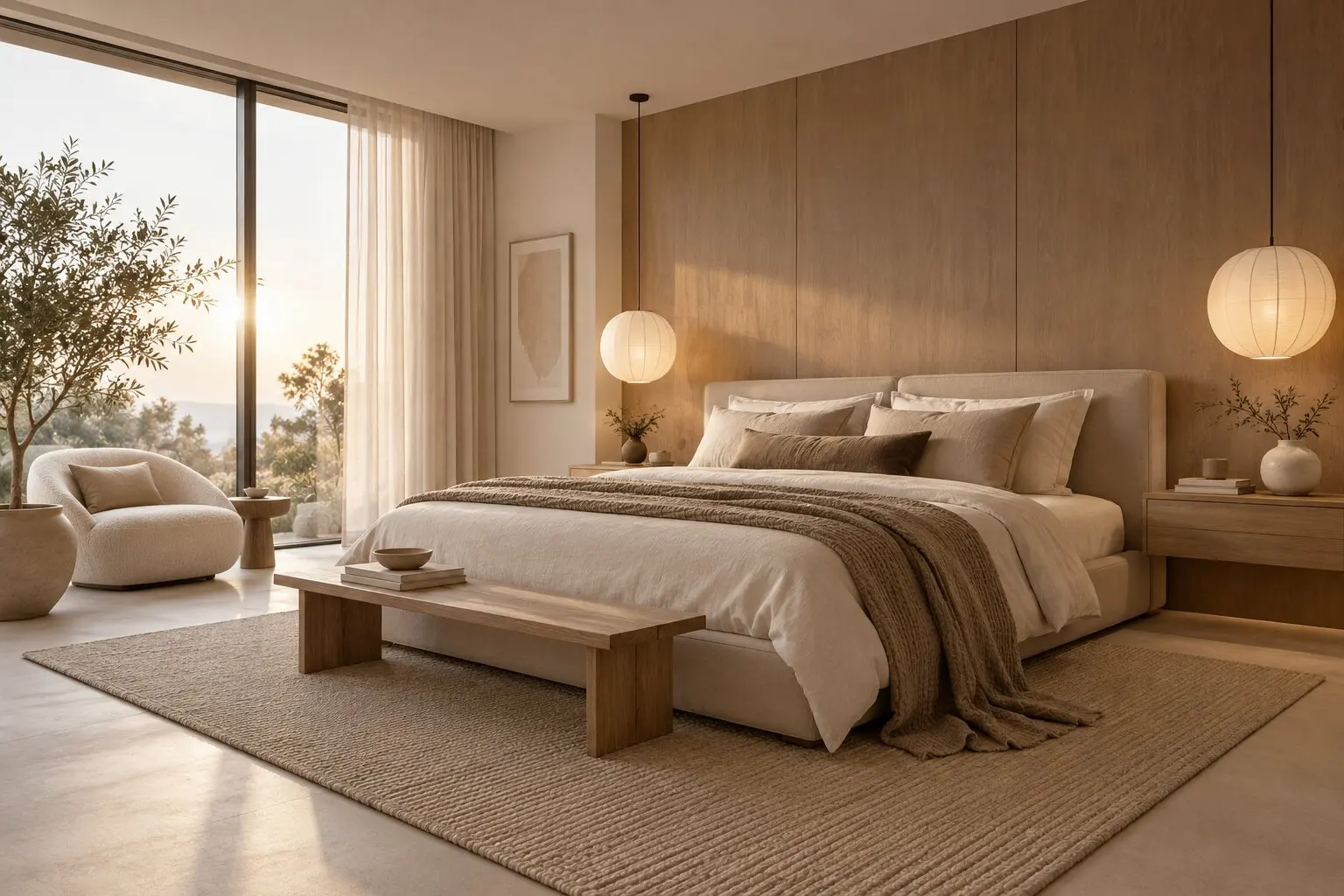 Ruhiges Schlafzimmer in warmen Naturtönen mit Holzwand und Papierleuchten