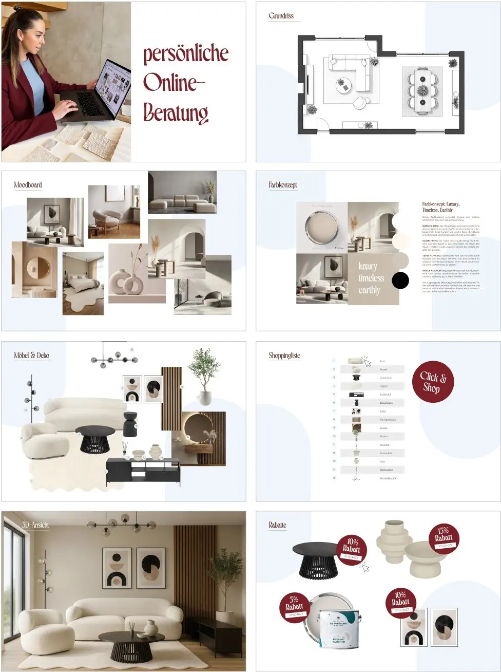 Leistungen Design Paket 2: Grundriss, Moodboard, Farbkonzept, 3D-Anmutung und Shoppingliste
