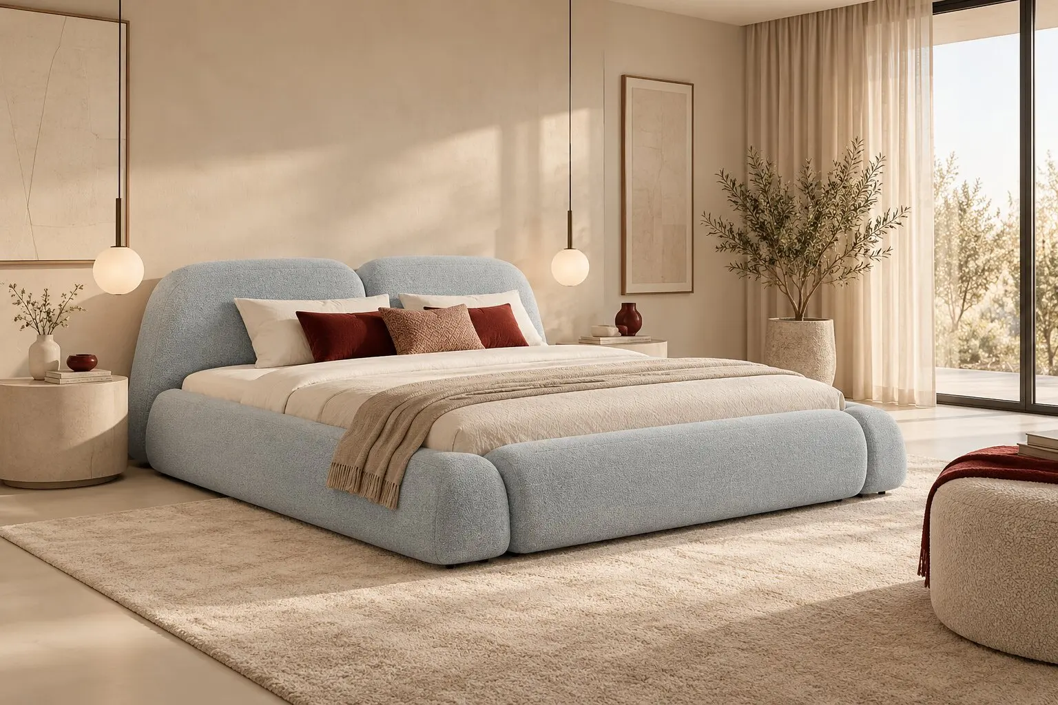 Schlafzimmer mit Beigetönen, hellblauem Polsterbett und dunkelroten Akzentkissen
