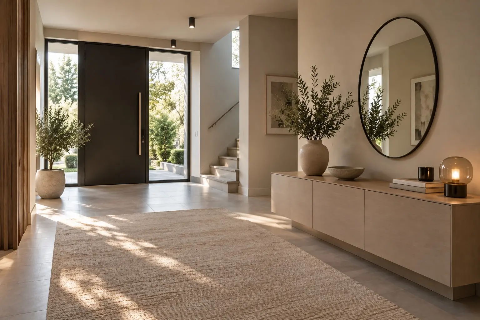 Heller Eingangsbereich mit rundem Spiegel, hängendem Sideboard, Olivenbaum und hellem Teppich