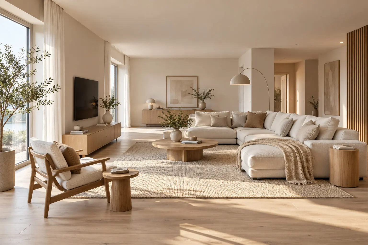 Heller Wohnraum mit Ecksofa, rundem Holztisch, Jute-Teppich und Blick aufs Wasser.